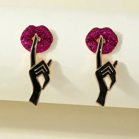 Pink Glitter Lip Shhhhh Earrings - Picture 1 of 3
